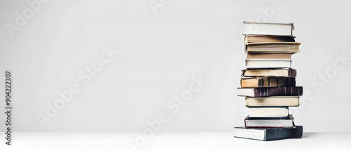 Vintage books stacked on a white table with a white background