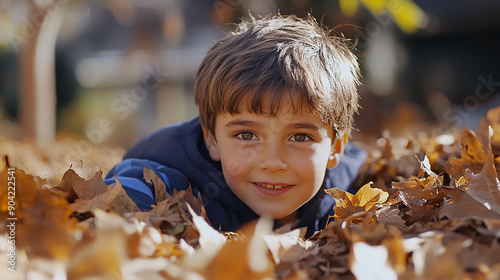 Boy playing in a leaf pile