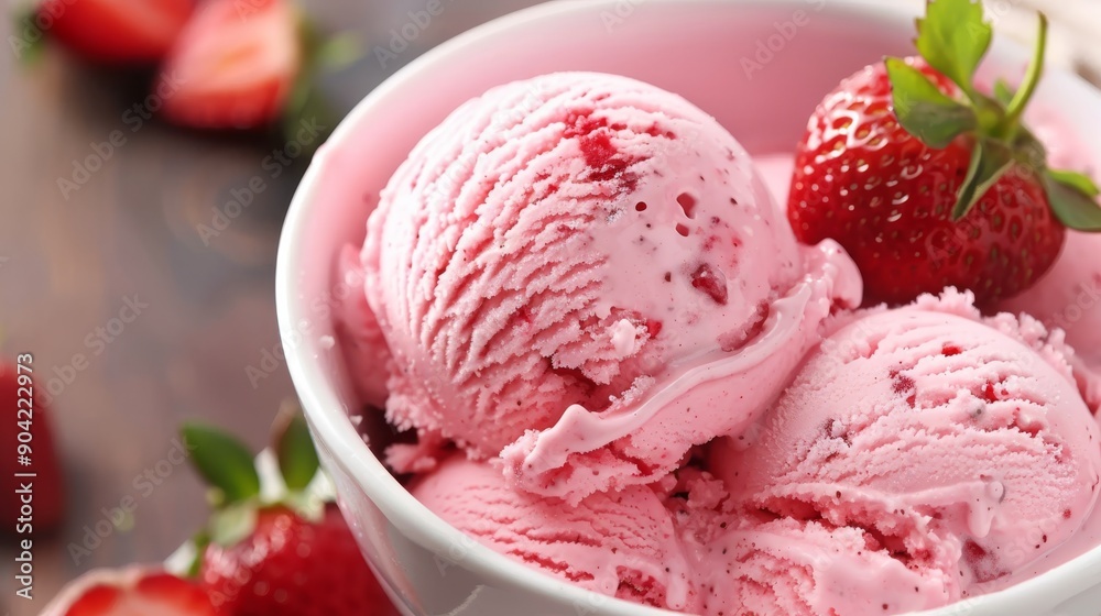 A bowl of creamy, pink strawberry vegan ice cream, garnished with fresh strawberries, thats deliciously dairyfree A bowl of creamy, pink strawberry vegan ice cream, garnished with fresh strawberries, thats deliciously dairyfree