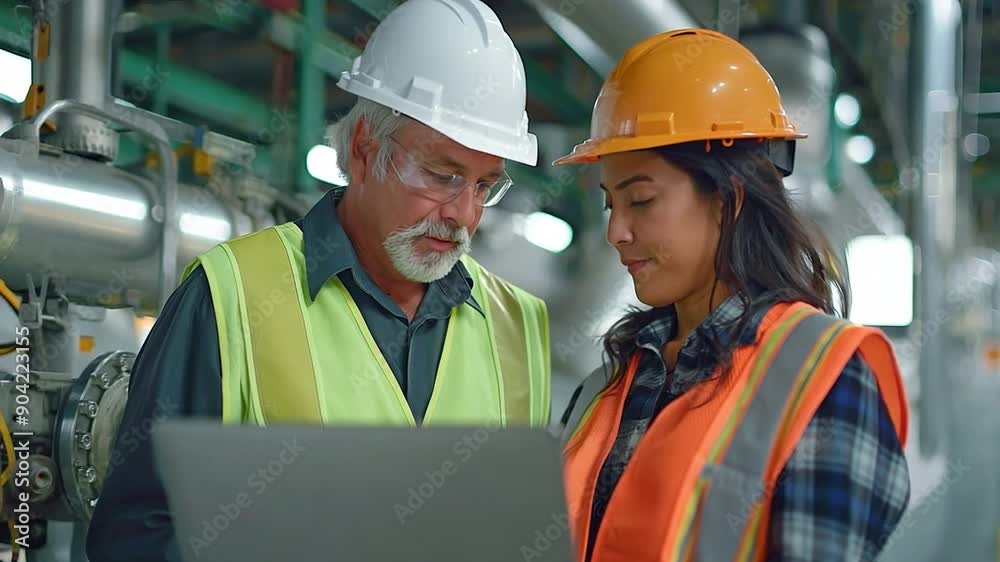 A middle-aged engineer conversing with a female technician while using a laptop A middle-aged engineer conversing with a female technician while using a laptop