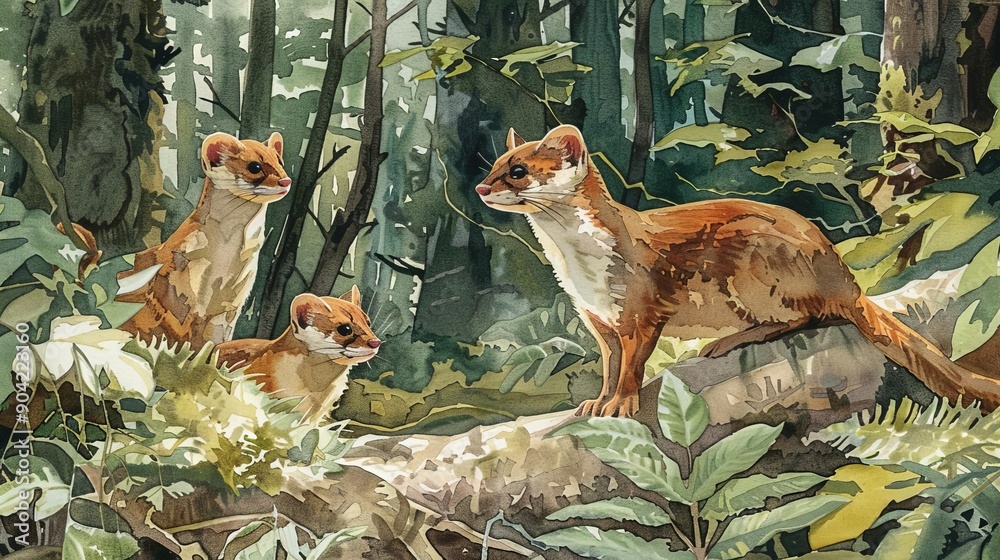Obraz premium Dense underbrush, weasels hunting, forest floor showcase, Watercolor style