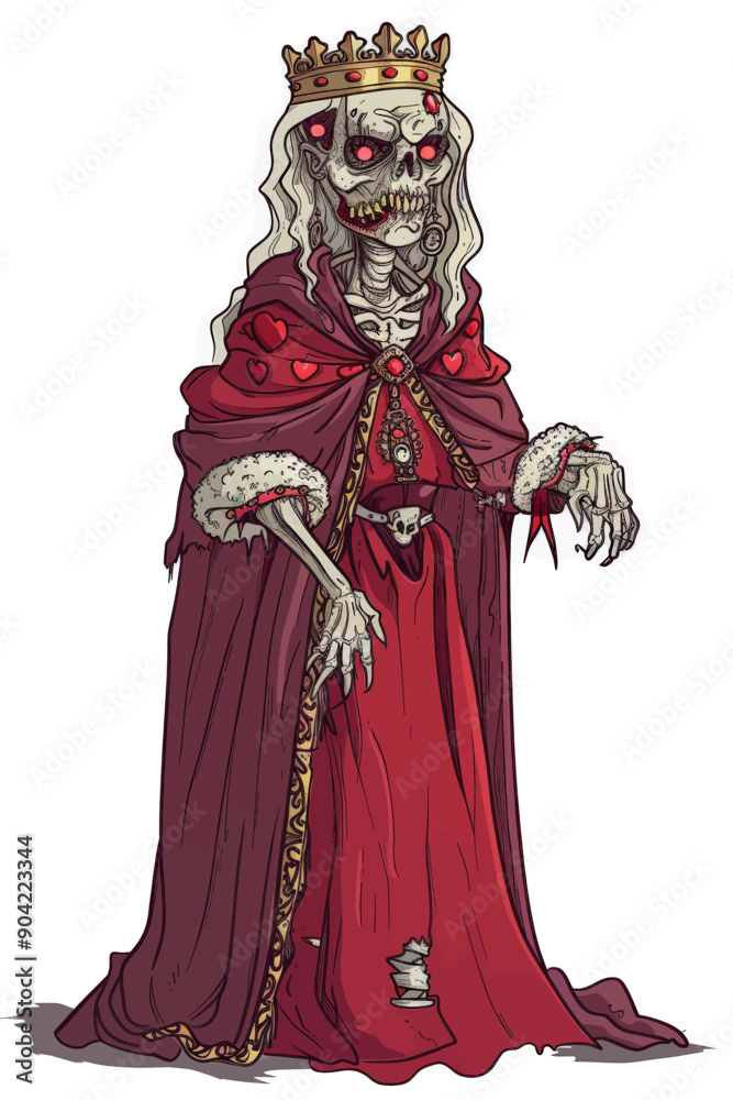 A skeleton dressed in a red gown and crown A skeleton dressed in a red gown and crown