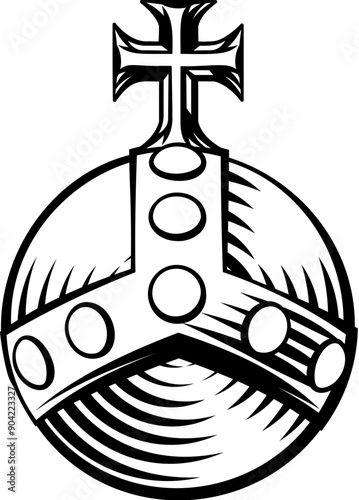A royal globus cruciger or stavroforos sphaira cross bearing orb symbol of authority. In an engraved vintage woodcut retro tattoo style