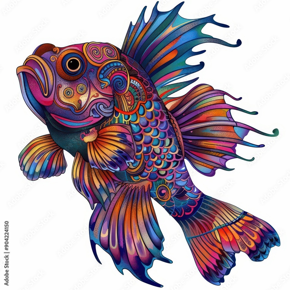 Fototapeta premium A colorful clip-art style drawing of a mandarin fish with intricate patterns,