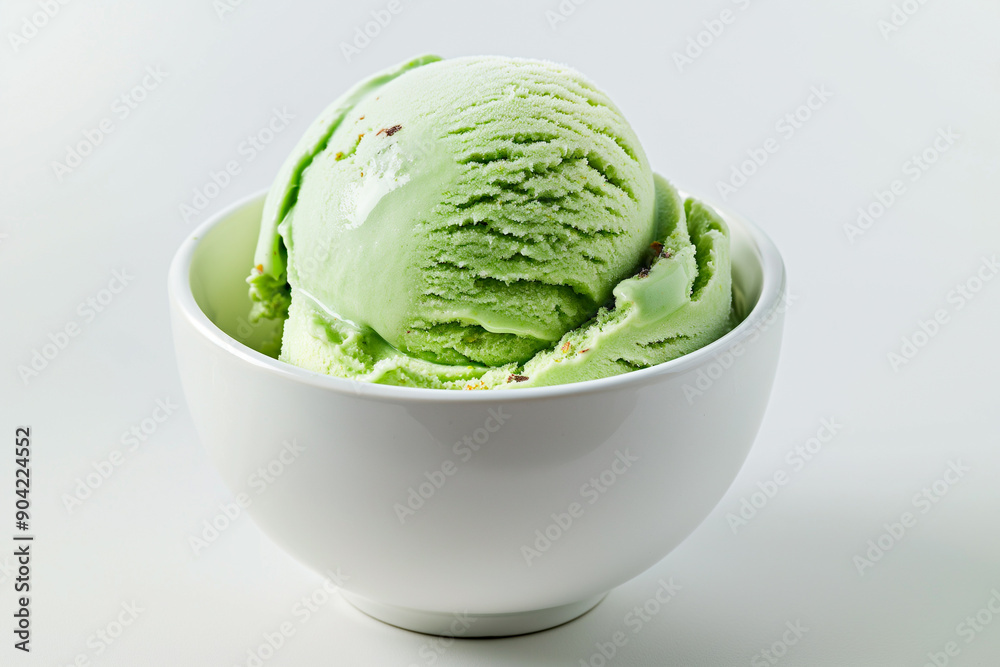 pistachio ice cream in a white bowl on a white background pistachio ice cream in a white bowl on a white background