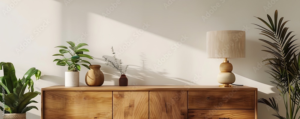 Wooden sideboard, retro style, minimalist decor with lamp and plants, white wall, living room closeup, HD image. Wooden sideboard, retro style, minimalist decor with lamp and plants, white wall, living room closeup, HD image.