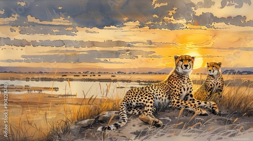 Grassland sunset, cheetahs resting, serene showcase, Watercolor style