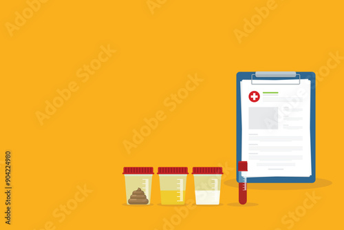 Urine, stool, sperm and blood analysis. Urine, stool, sperm and blood test icon. Medical analysis laboratory test. Medical samples in a plastic box and medical report clipboard.