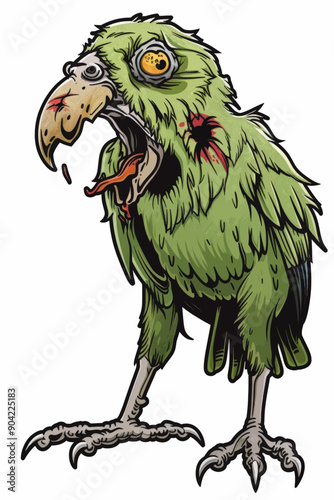 A cartoonish green bird with a bloody beak and a bloody tongue