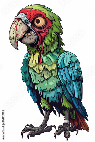 A cartoonish, zombie parrot with red eyes and a bloody beak
