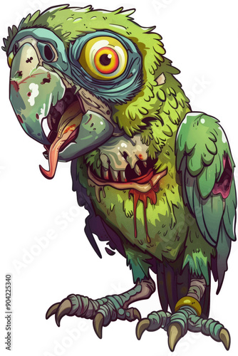 A green and yellow bird with a tongue sticking out