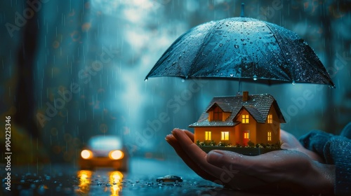 person holding an umbrella over a miniature house and car, symbolizing protection from natural disasters and accidents, with storm clouds in the backgrounds