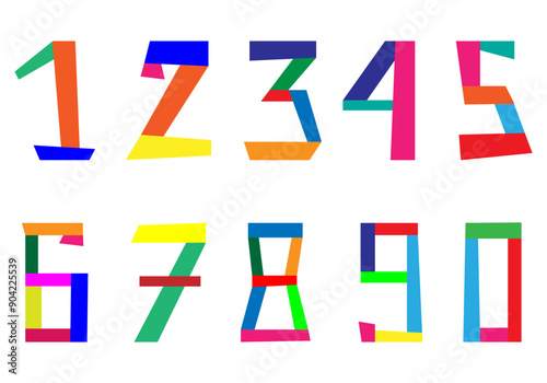 Hand drawn colorful numbers set. Bright forms in a naive style. Collage. A set of simple color vector icons isolated on a white background for scrapbooking, stickers and educational game.Doodle style