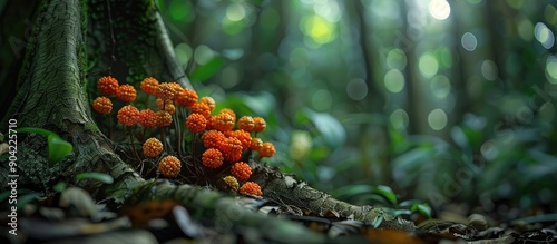 Copy space image of the Dipterocarpus alatus known as the resin tree a tropical forest tree found in dense forests of tropical Asia with resin tree fruits growing on the ground photo