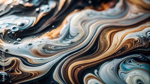 Abstract Fluid Art Background with Swirling Patterns in Dark Blue, Black, and Blue Tones. Liquid Acrylic Painting Technique Creating Depth and Three-Dimensional Effect with Cream, Brown, and Golden Ac