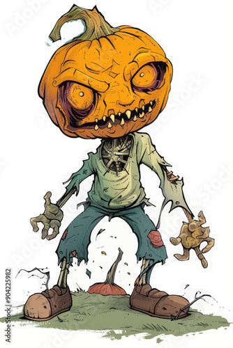 A creepy pumpkin face with a pumpkin stem