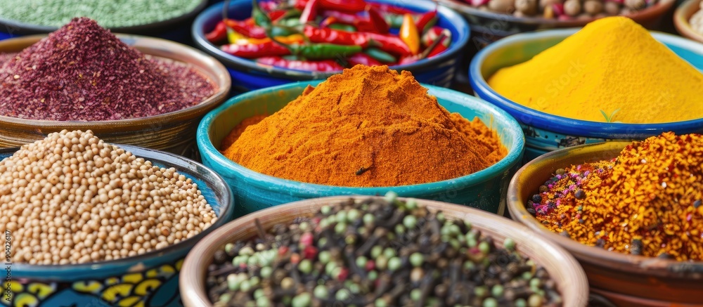 A variety of colorful spices in vibrant bowls on a white background including chili flakes and turmeric create a lively copy space image at a market A variety of colorful spices in vibrant bowls on a white background including chili flakes and turmeric create a lively copy space image at a market