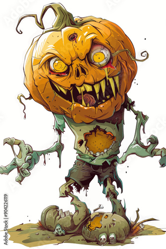 A creepy pumpkin with a scary face and a mouth full of teeth