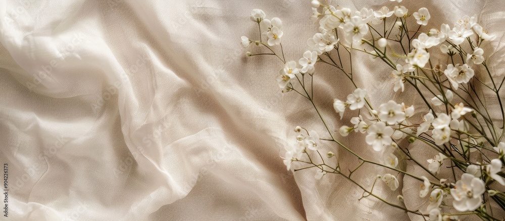 Top view of beautiful and minimalist flowers on linen background in a summer themed composition with copy space image