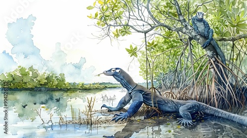 Mangrove swamp, monitor lizards hunting, coastal showcase, Watercolor style photo