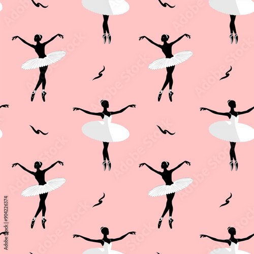 Seamless pattern with silhouettes of ballerinas on a pink background. Dance background. Ballet dancing