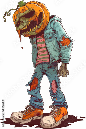 A cartoonish character with a pumpkin head and a blue jacket
