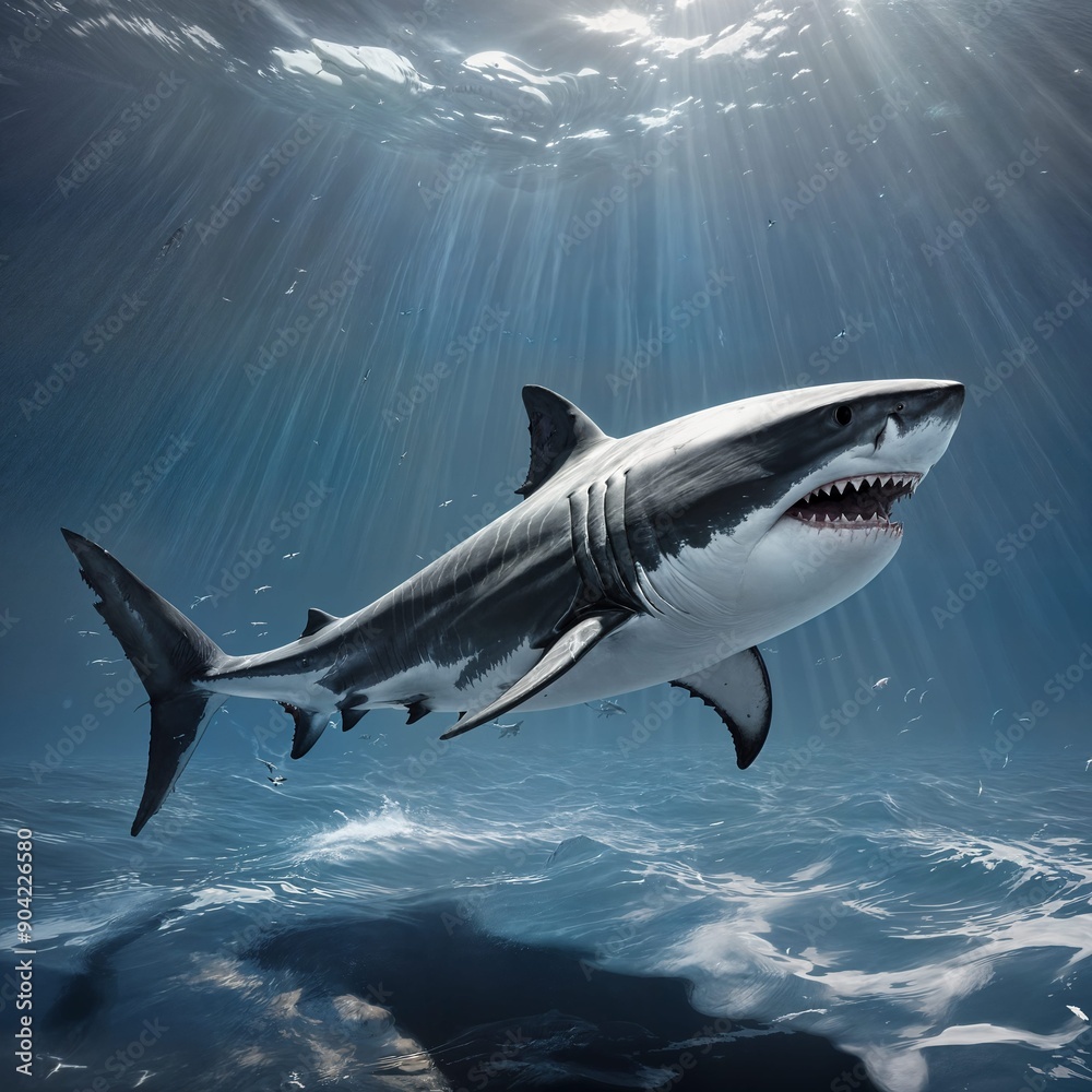 Obraz premium a majestic great white shark swimming gracefully through the ocean depths, sunlight filtering through the water and illuminating its powerful form.