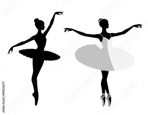 Silhouettes of ballerinas on a white background. Ballerina in a tutu. Ballet dancing. Set of ballet dancers silhouettes.