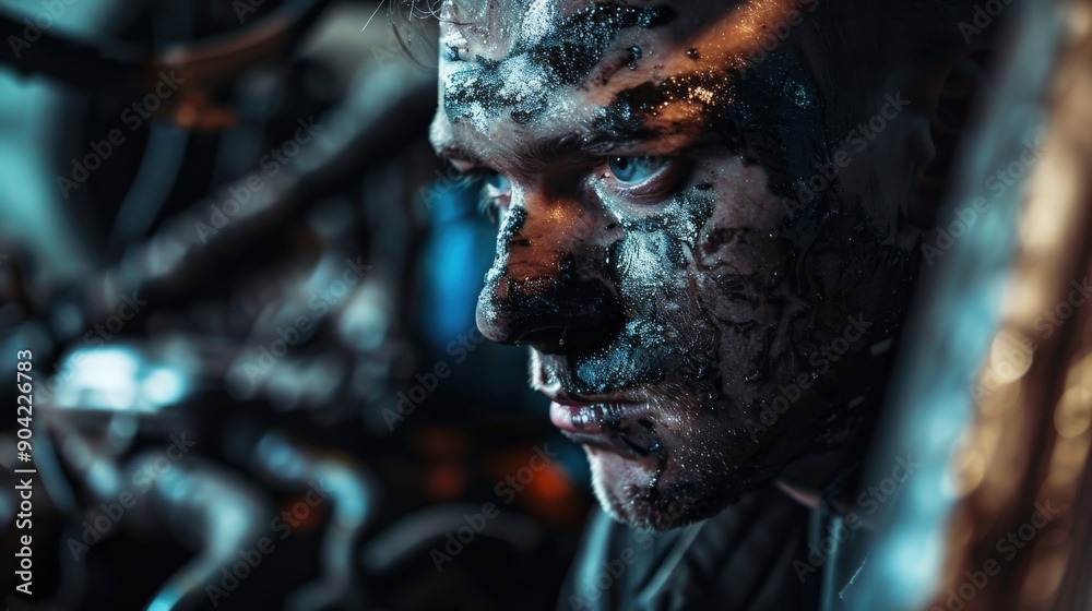 A mechanic with an oil-smeared face concentrates on repairing engine parts in a dimly lit garage, surrounded by tools and machinery A mechanic with an oil-smeared face concentrates on repairing engine parts in a dimly lit garage, surrounded by tools and machinery
