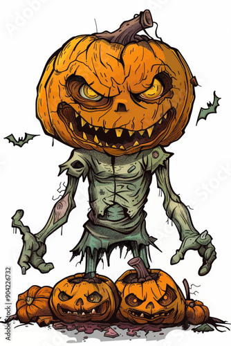 A creepy pumpkin with a scary face and bat wings