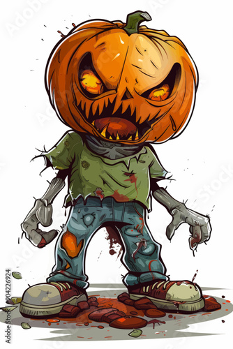 A cartoonish pumpkin head with a scary face and a green shirt