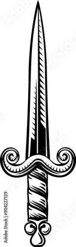 A sword or dagger medieval weapon design illustration in a vintage woodcut retro tattoo style