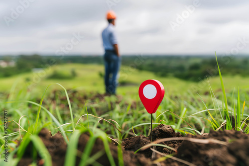 Engineer or land expert examining areas for construction or land for sale, engineer doing quality control checking at vacant land and red pin icon
