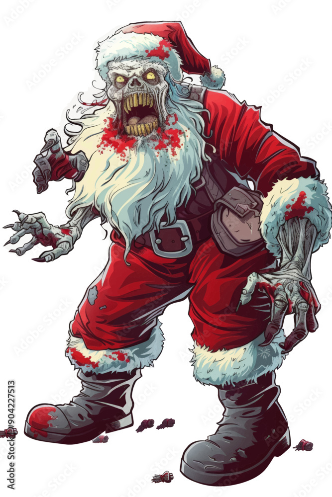 A zombie Santa Claus with blood dripping from his mouth