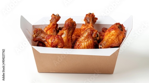 Delicious fried chicken wings in paper box, isolated on white background