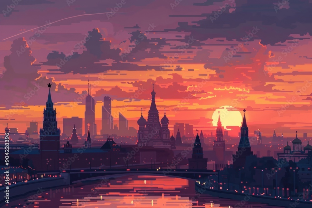 Naklejka premium Postcard with landscape of Moscow, Russia at sunset