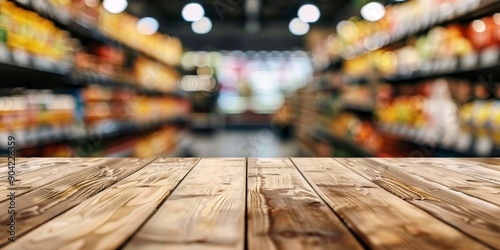 A vibrant grocery store aisle filled with a wide array of various products and a rustic wooden table in the foreground photo