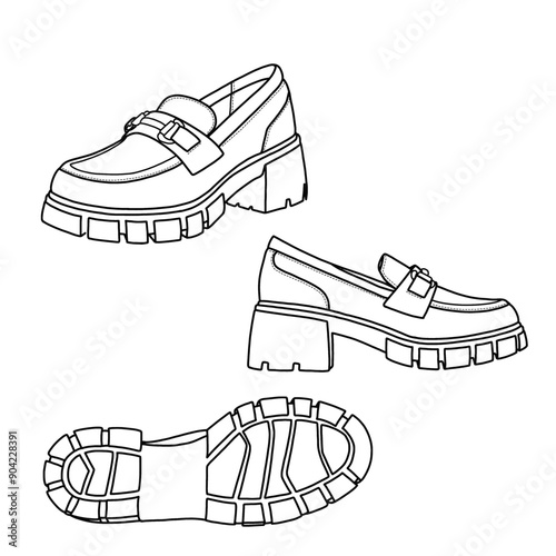 Template vector loafer chunky shoes, slip-on casual shoes, suitable for your custom loafer shoe slip-on shoe design. Outline vector doodle illustration, front, side, and bottom views