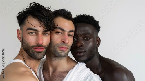 A confident ensemble of four men with unique complexions, celebrating diversity and male beauty in a bright studio