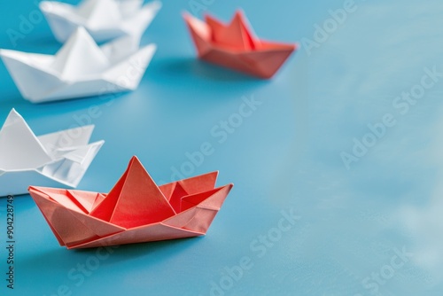 Colorful origami paper boats, with a standout red one among white boats, displayed on a blue background, symbolizing leadership and creativity.