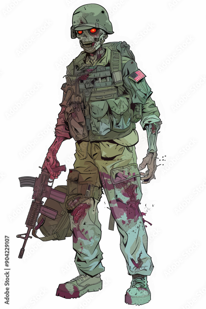 A zombie soldier is holding a rifle and wearing a camouflage uniform A zombie soldier is holding a rifle and wearing a camouflage uniform