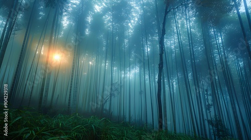 A serene bamboo forest illuminated by the soft glow of the rising sun with a misty atmosphere, perfect for nature, tranquility, and meditation themes,