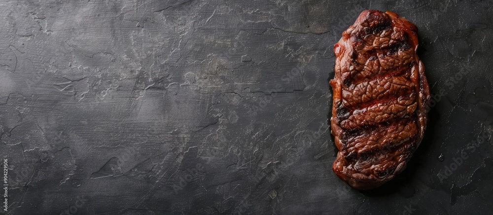 Fototapeta premium Top down view of a Denver beef steak on a table with a gray background featuring empty space for text or images. Copy space image. Place for adding text and design