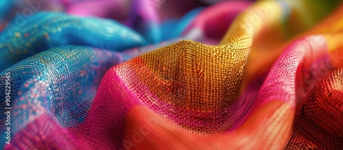 Close up of a textured textile fabric creating a colorful backdrop with copy space image photo