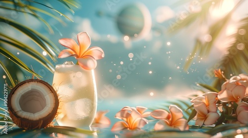 Fototapeta Naklejka Na Ścianę i Meble -  Chilled coconut water with a coconut shell and a flower on a tropical leaf background, with a space station orbiting in the sky
