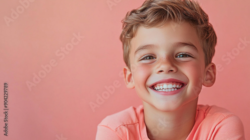 Cheerful boy with a pastel pink backdrop photo