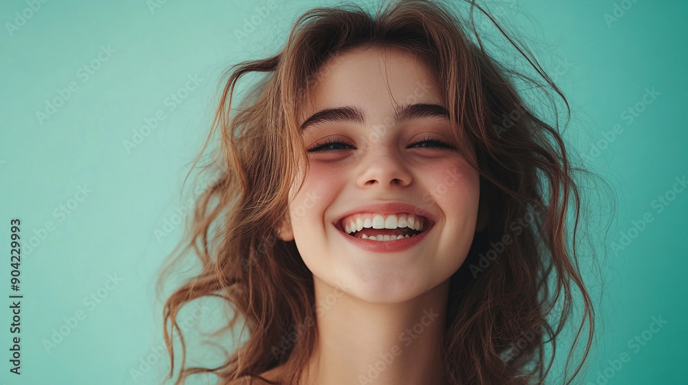 Cheerful girl against a soft teal background Cheerful girl against a soft teal background