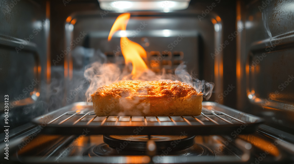 Bread loaf catching fire inside an oven, with flames and smoke indicating a kitchen mishap and potential disaster. Bread loaf catching fire inside an oven, with flames and smoke indicating a kitchen mishap and potential disaster.