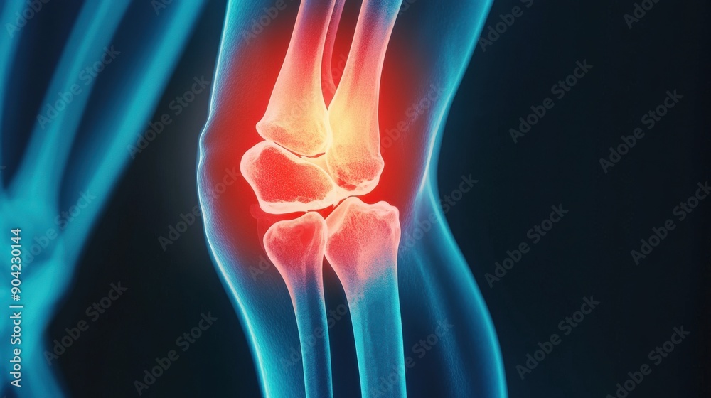 A knee with red and yellow marks on it A knee with red and yellow marks on it