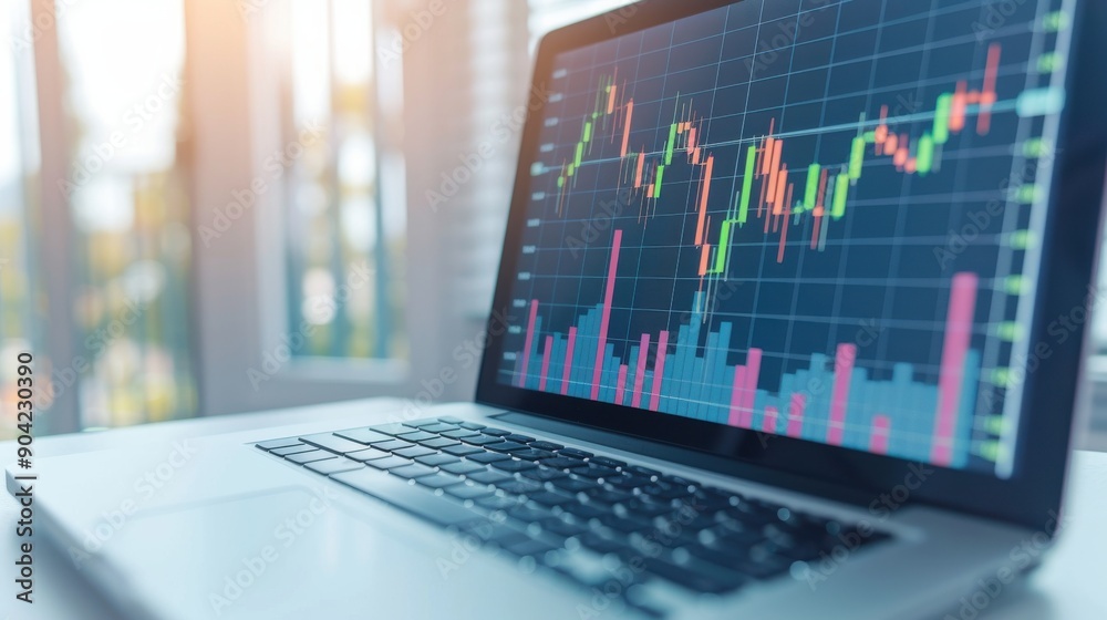 Modern Laptop with Financial Charts on Desk Modern Laptop with Financial Charts on Desk